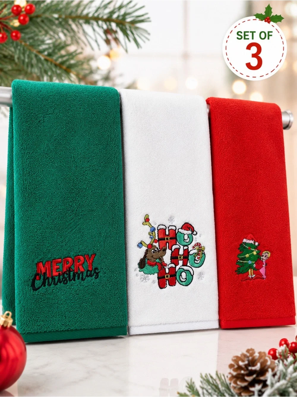 Holiday Kitchen Towels Set of 3 - Green, White & Red - NWOT